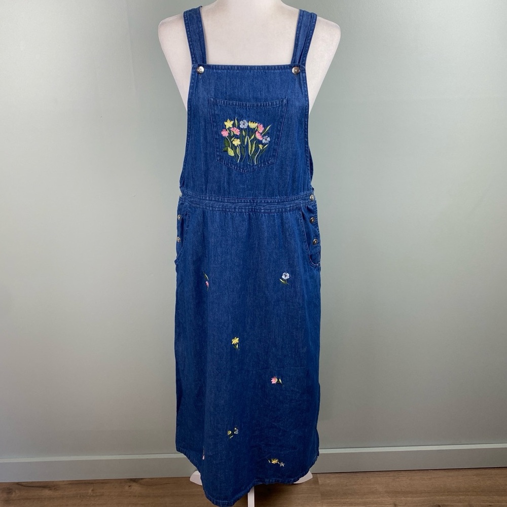Vintage Cottagecore Floral embroidered Overalls Maxi dress size Large